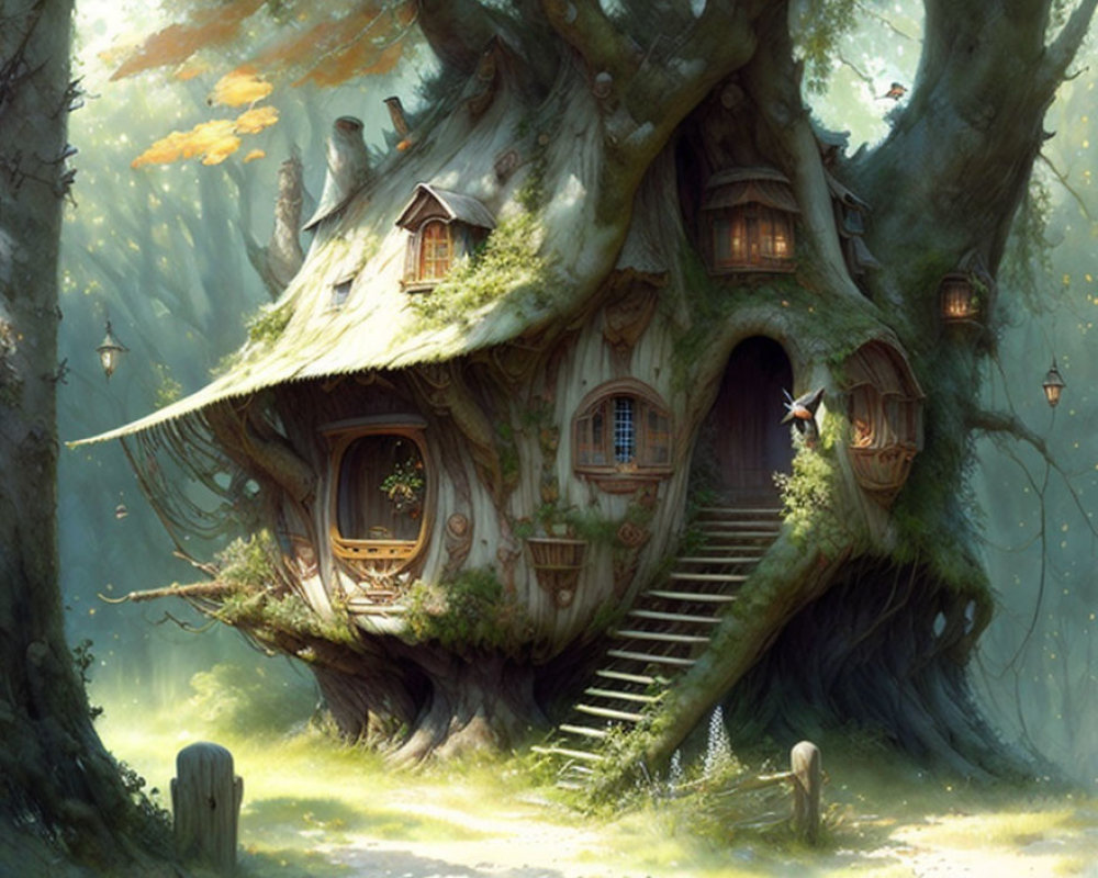 Enchanted forest glade: whimsical treehouse with staircase