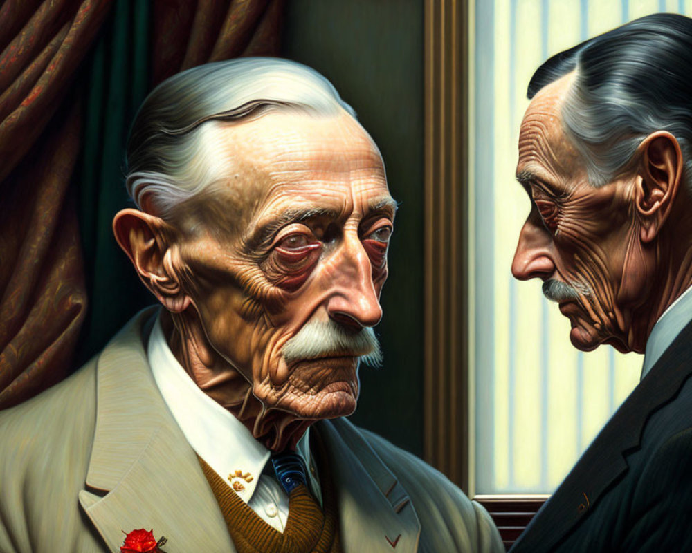 Detailed portrait of two elderly men in a room with window and curtains