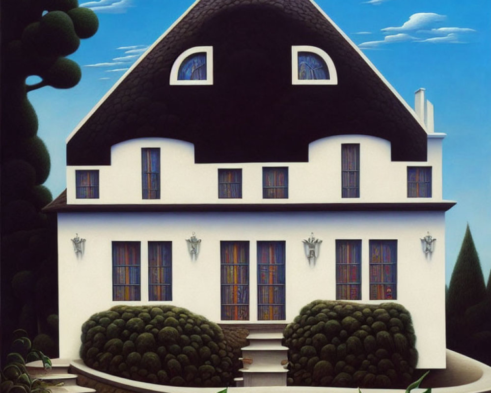 Surreal white house illustration with face-like features in green landscape