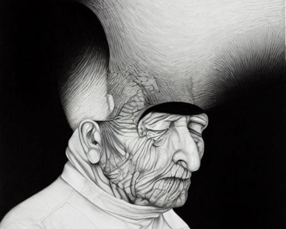 Monochrome drawing of elderly figure with elongated head