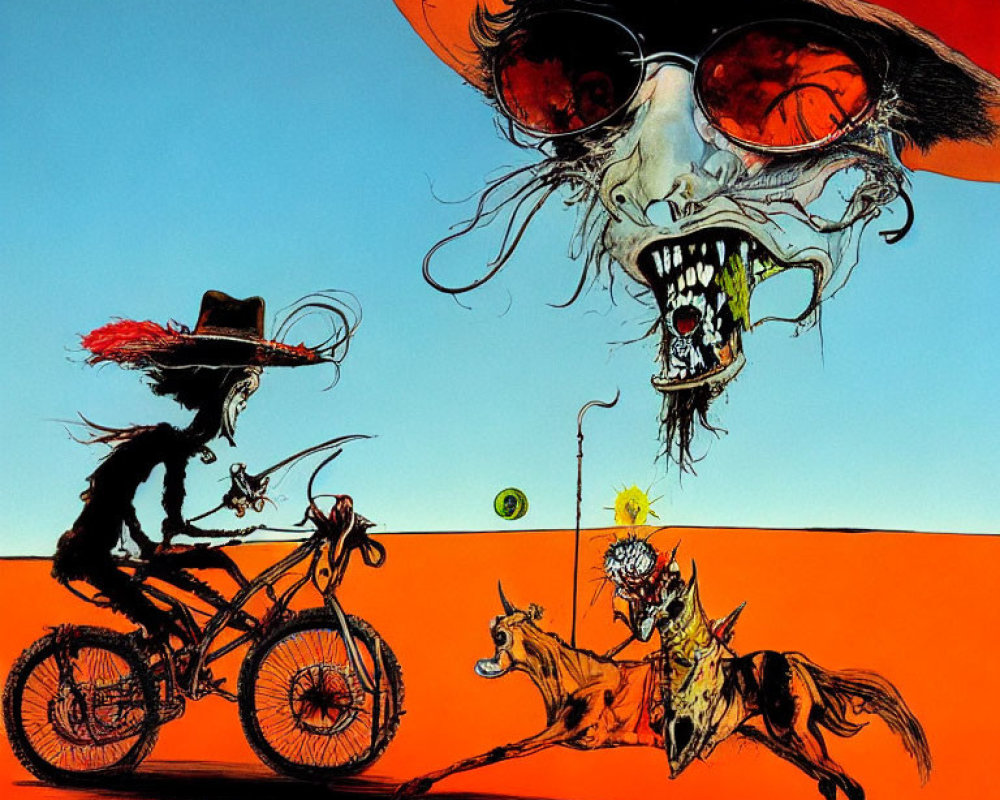 Skeletal cowboy on horse chasing cyclist with dog in desert