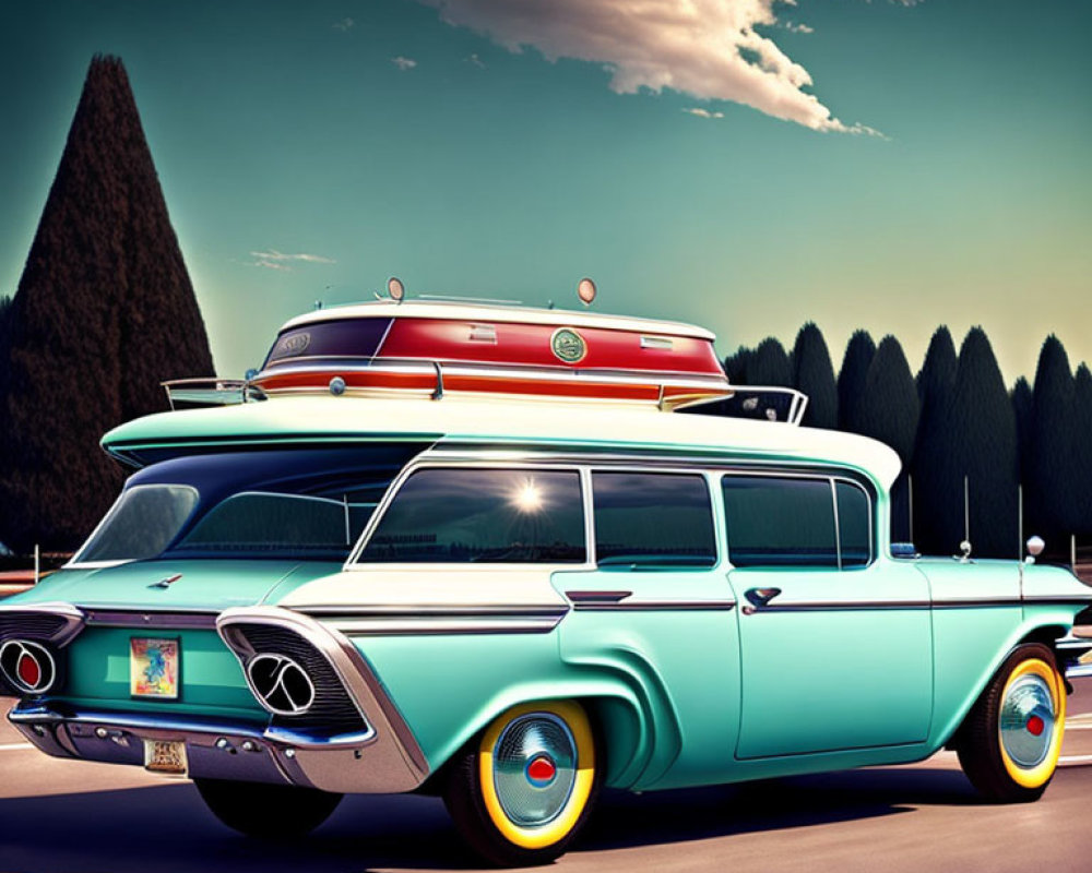 Vintage Turquoise Station Wagon with Surfboard Against Dusky Sky