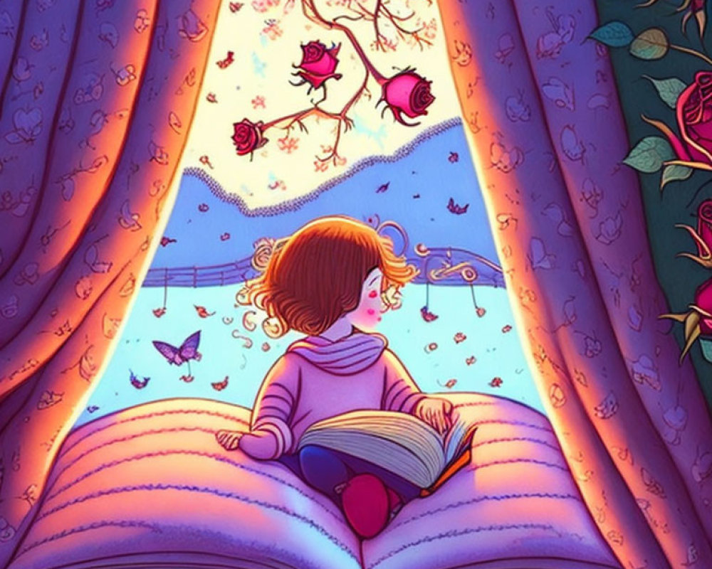 Child Reading Giant Book Revealing Magical World with Roses, Butterflies, and Warm Light