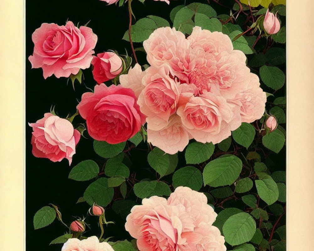 Vibrant pink roses in full bloom on dark background