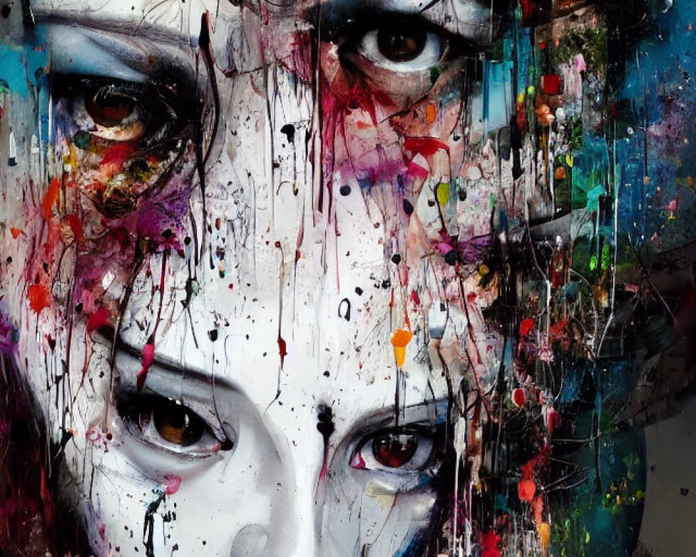 Vivid abstract face painting with intense eyes and colorful splashes