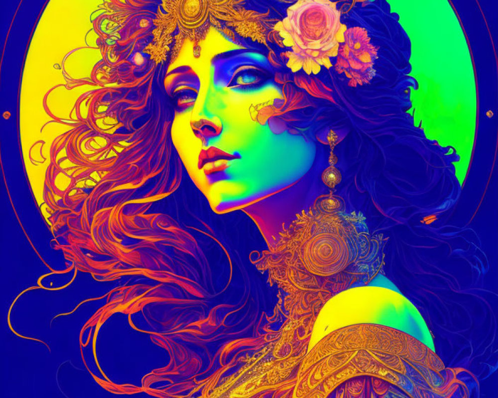 Colorful digital portrait of a woman with floral hair and jewelry on vivid background