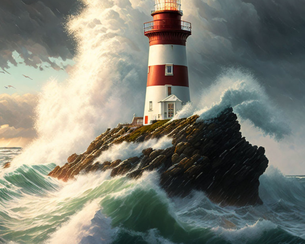 Majestic lighthouse on rocky outcrop amidst turbulent sea waves