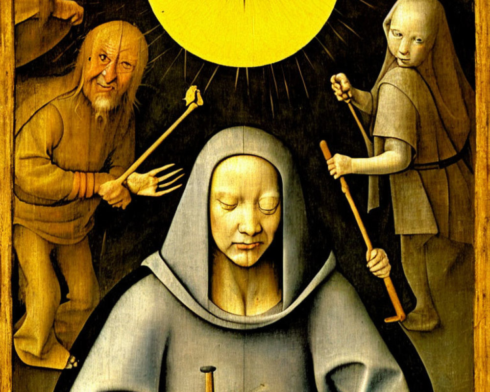 Medieval painting of haloed nun with figures and farming tools under sun