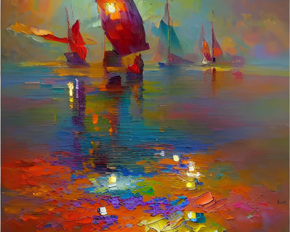 Vibrant sailboats on colorful, reflective water at sunset