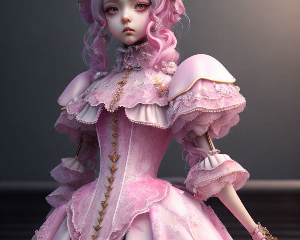 Purple-haired doll figure in pink Victorian attire with lace and floral details