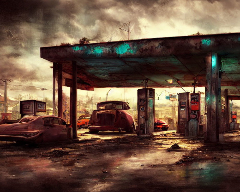 Dilapidated Fuel Station and Rusty Cars in Post-Apocalyptic Setting