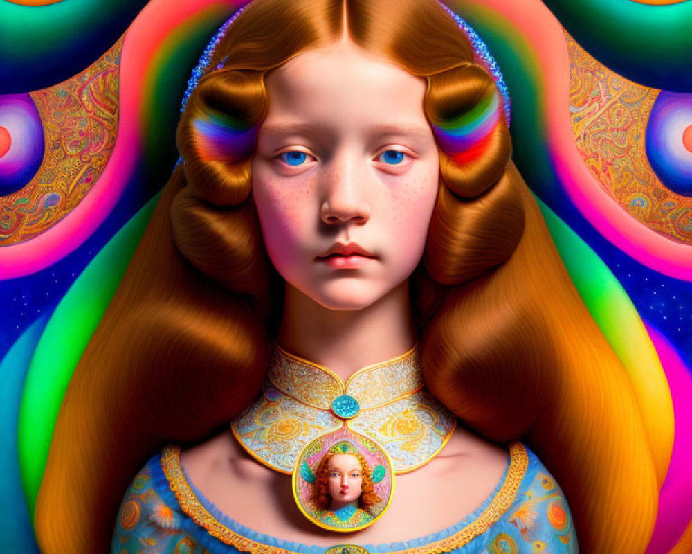 Vivid surreal portrait of a girl with red hair and blue eyes in psychedelic setting