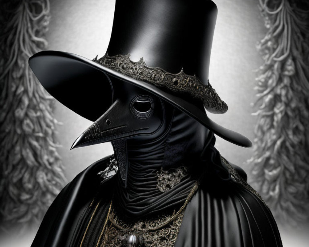 Detailed artwork of a character in a black plague doctor mask, top hat, and cloak