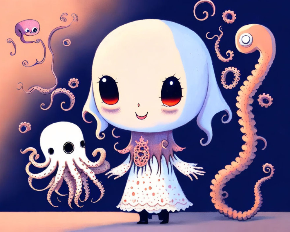 Stylized illustration of cute girl with octopus-themed dress and tentacle hair on purple background