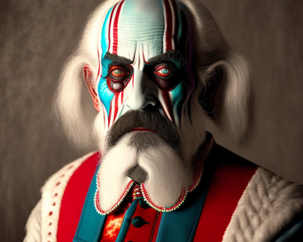 Man with Dramatic Clown Makeup in Americana Style with White Hair, Beard, and Vintage Costume