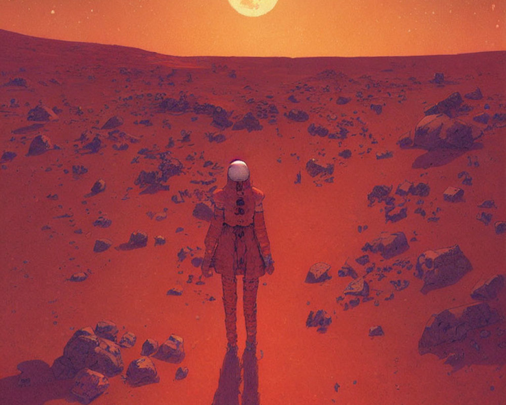 Astronaut on Martian landscape gazes at Earth under reddish sky