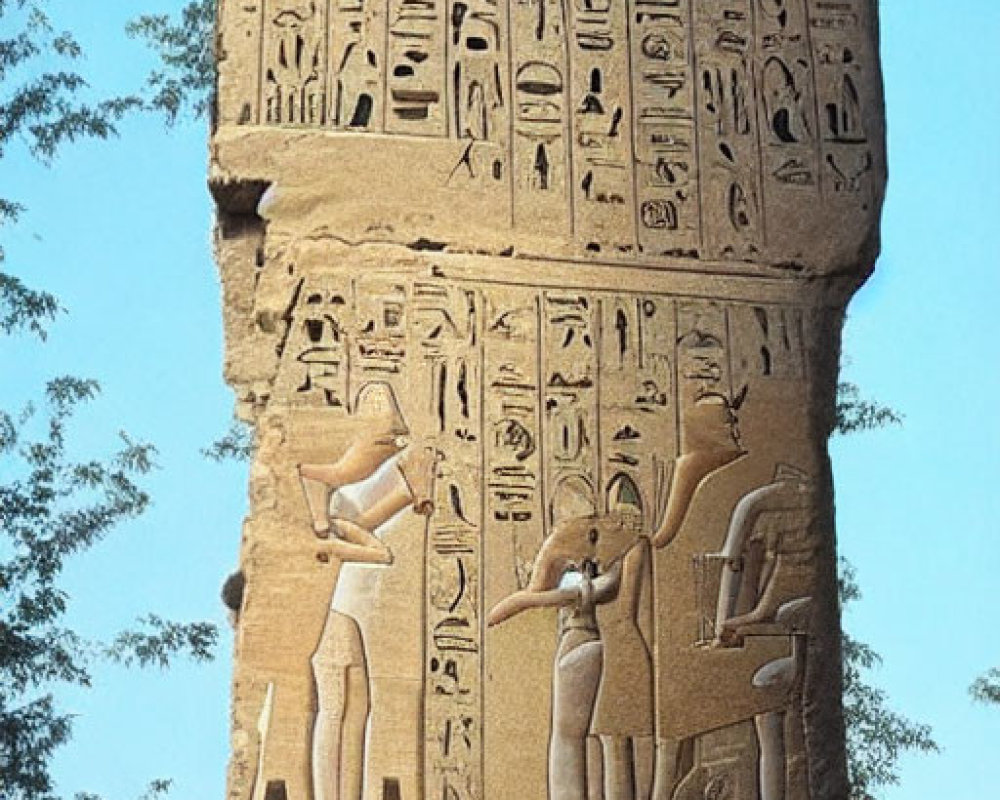 Ancient Egyptian hieroglyphics and carvings on weathered stone monument