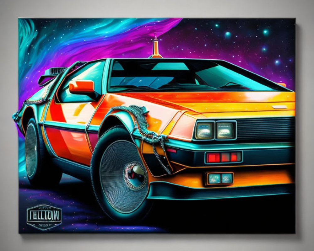 Colorful DeLorean Car Artwork with Neon and Cosmic 1980s Style