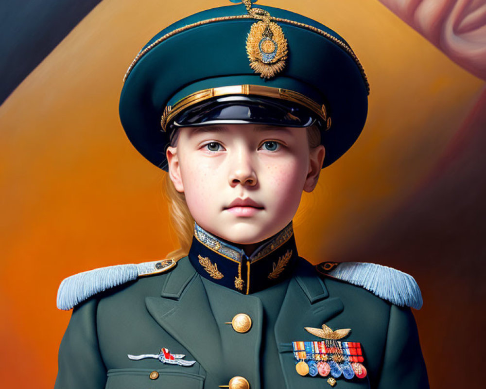 Child in Military Uniform on Orange Background