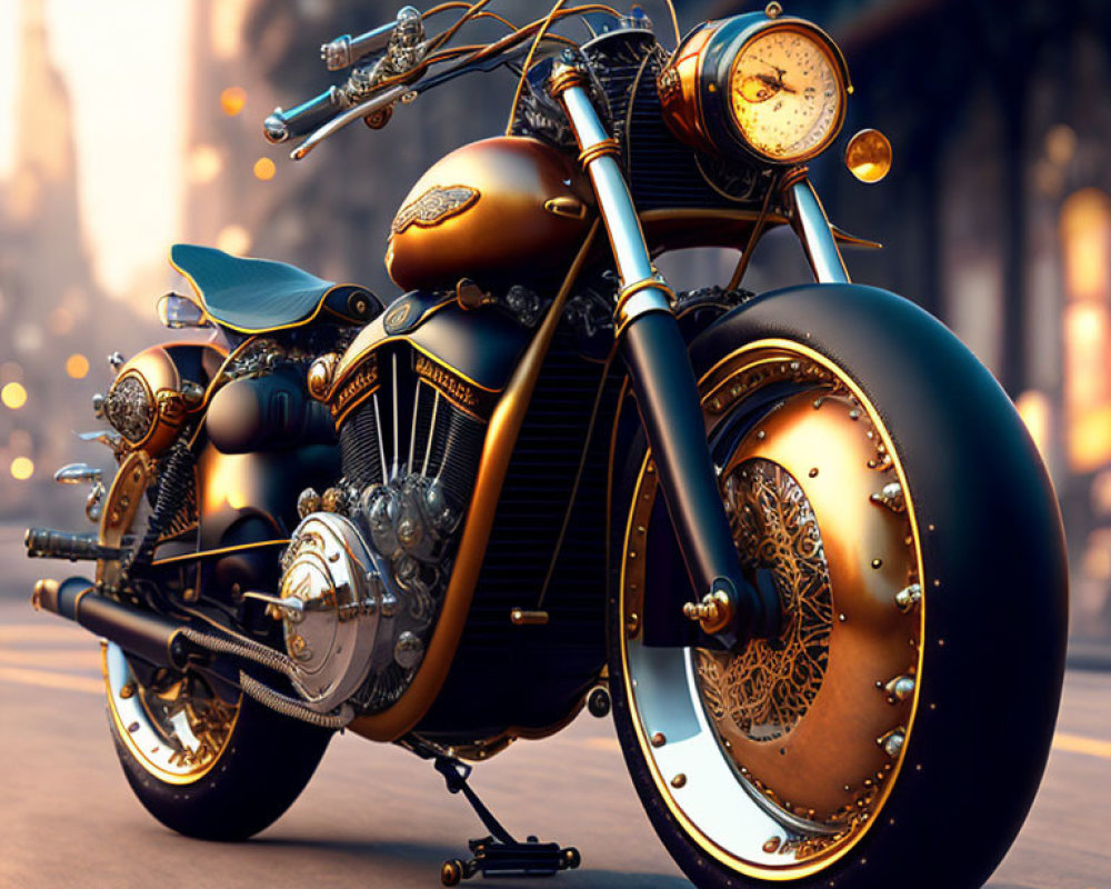 Custom Vintage-Style Motorcycle with Gold Accents and Wide Wheels in Urban Setting at Sunset