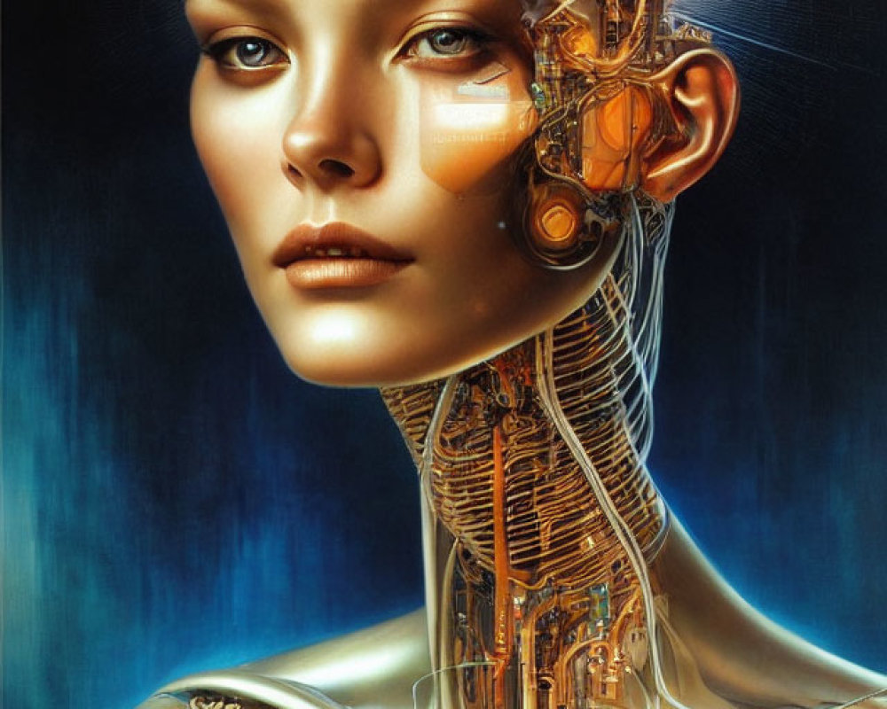 Female Android Digital Artwork: Partially Exposed Mechanical Skull & Neck