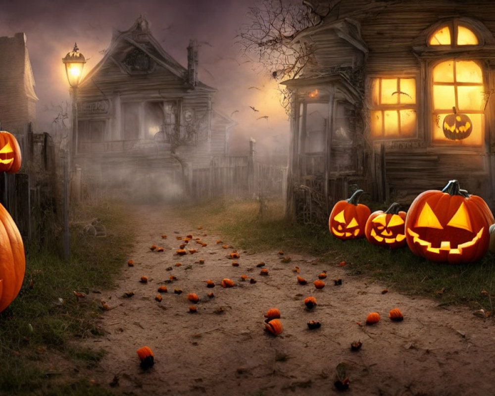 Spooky Halloween scene with carved pumpkins and eerie houses