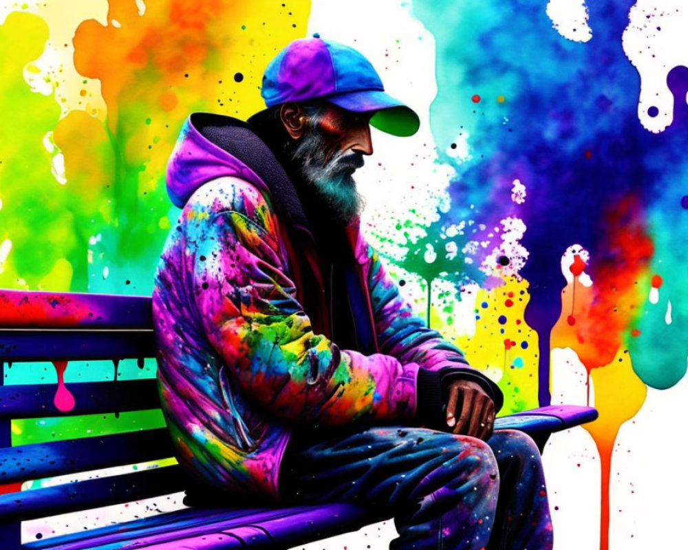 Bearded Man in Colorful Splattered Hoodie on Bench