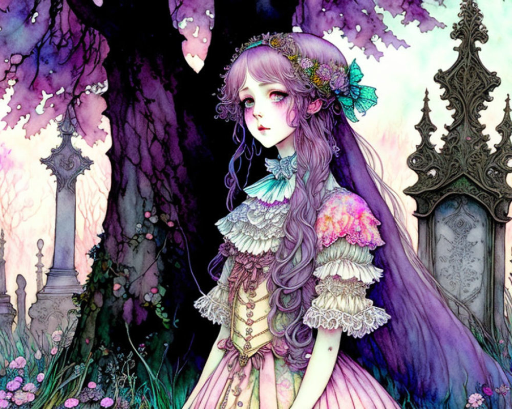 Illustrated girl with long purple hair in mystical forest with intricate trees