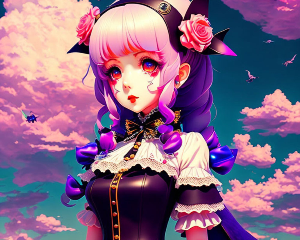 Anime-style girl with pale skin, yellow eyes, and purple-black hair under pink-blue sky