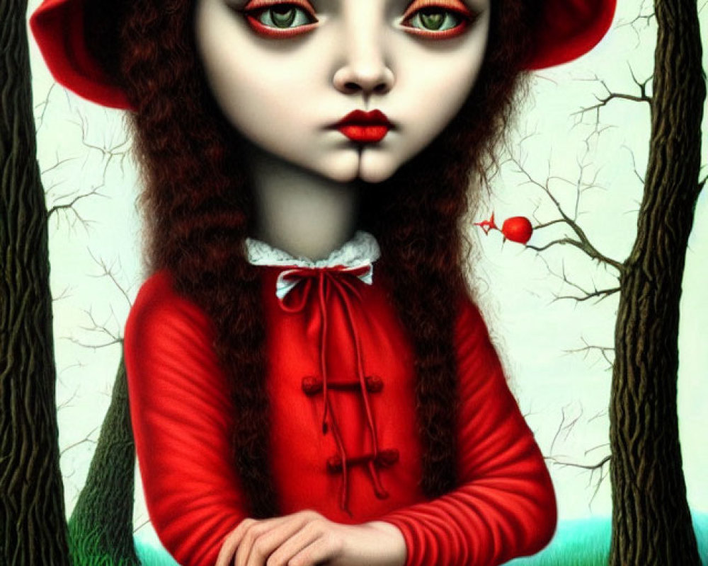 Surreal portrait of young girl in red hooded dress in whimsical forest