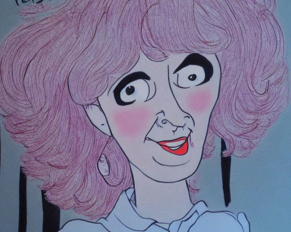 Whimsical Woman Caricature with Oversized Eyes and Pink Curly Hair