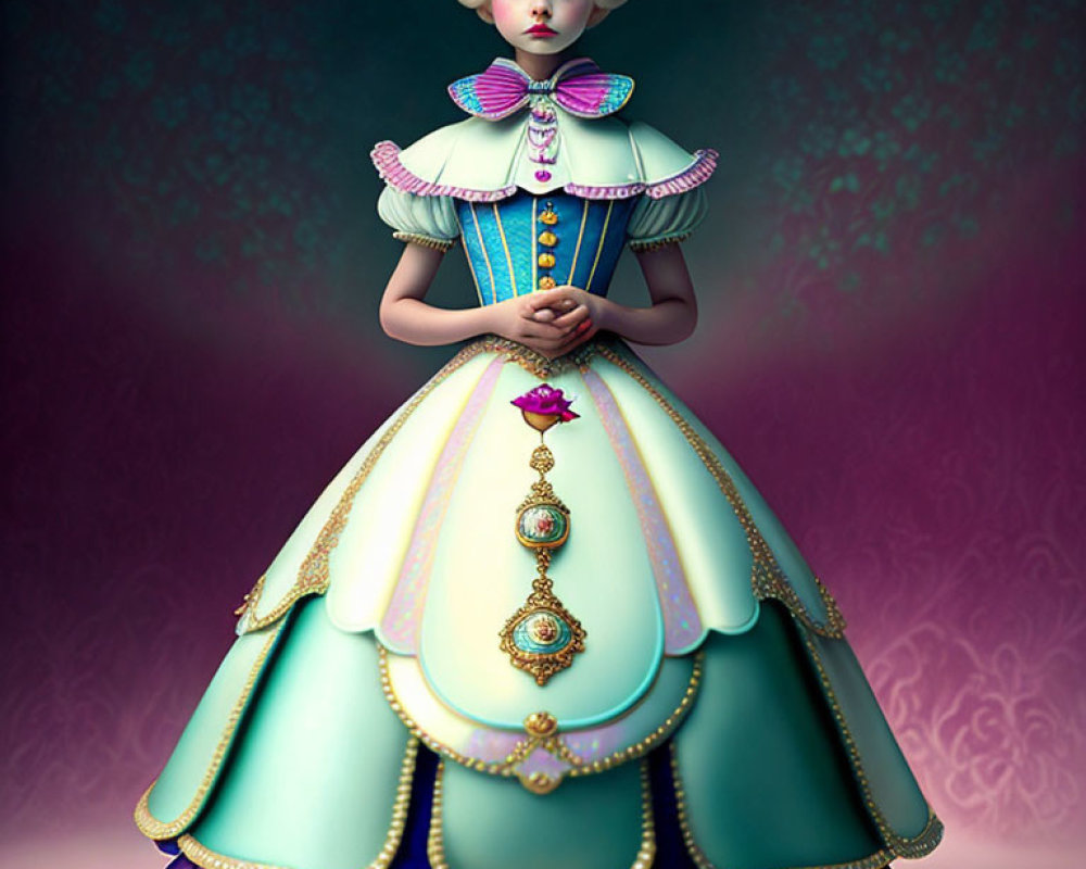 Surreal illustration of girl in Victorian dress with pastel colors