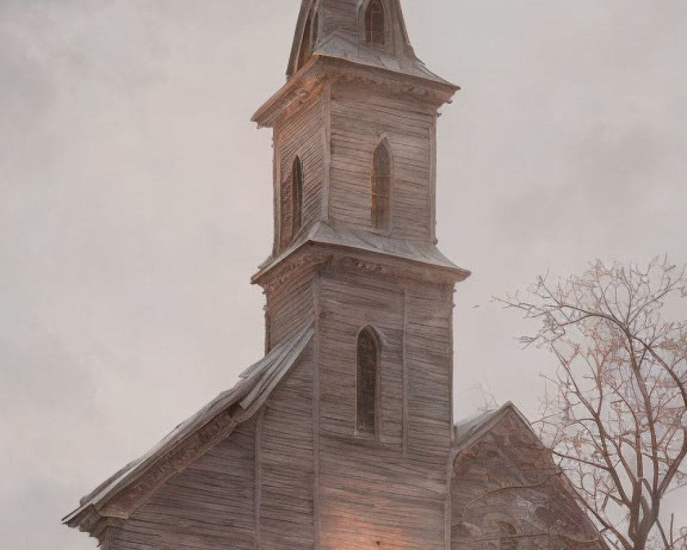 Desolate landscape at dusk with old wooden church and figures around fires