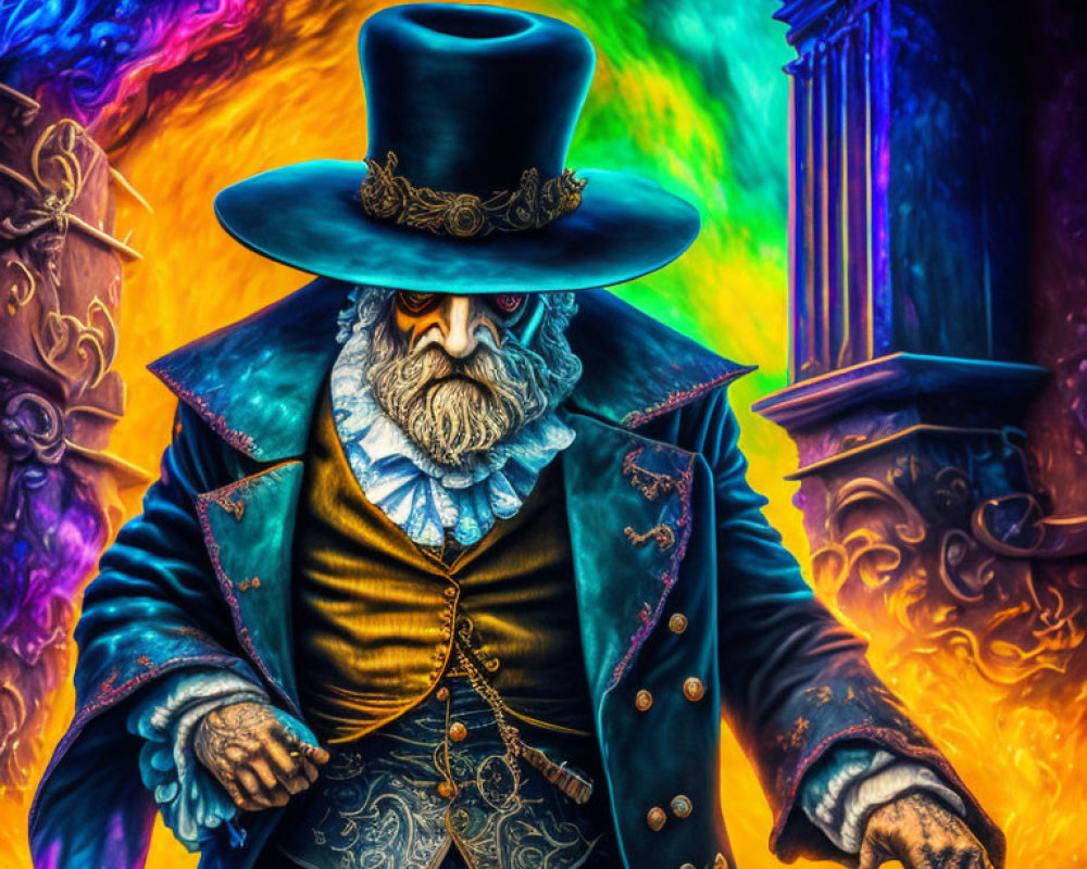 Colorful artwork of mysterious figure in cloak and top hat with fiery background