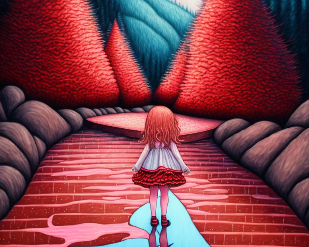 Red-haired girl on surreal pink-red path with tall evergreen trees under vibrant sky