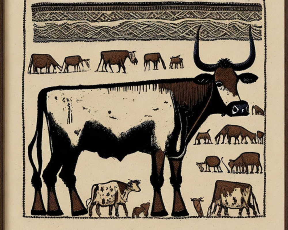 Framed artwork showcasing central cow with smaller cows and patterns.