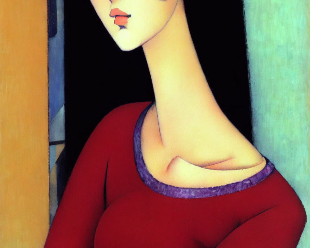 Stylized painting of person with elongated features in red top on yellow and blue background