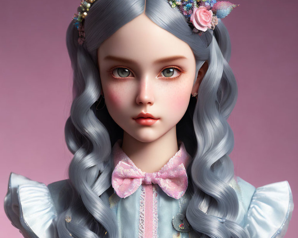 Digital Artwork: Young Girl with Grey Wavy Hair and Floral Headband in Pastel Dress on