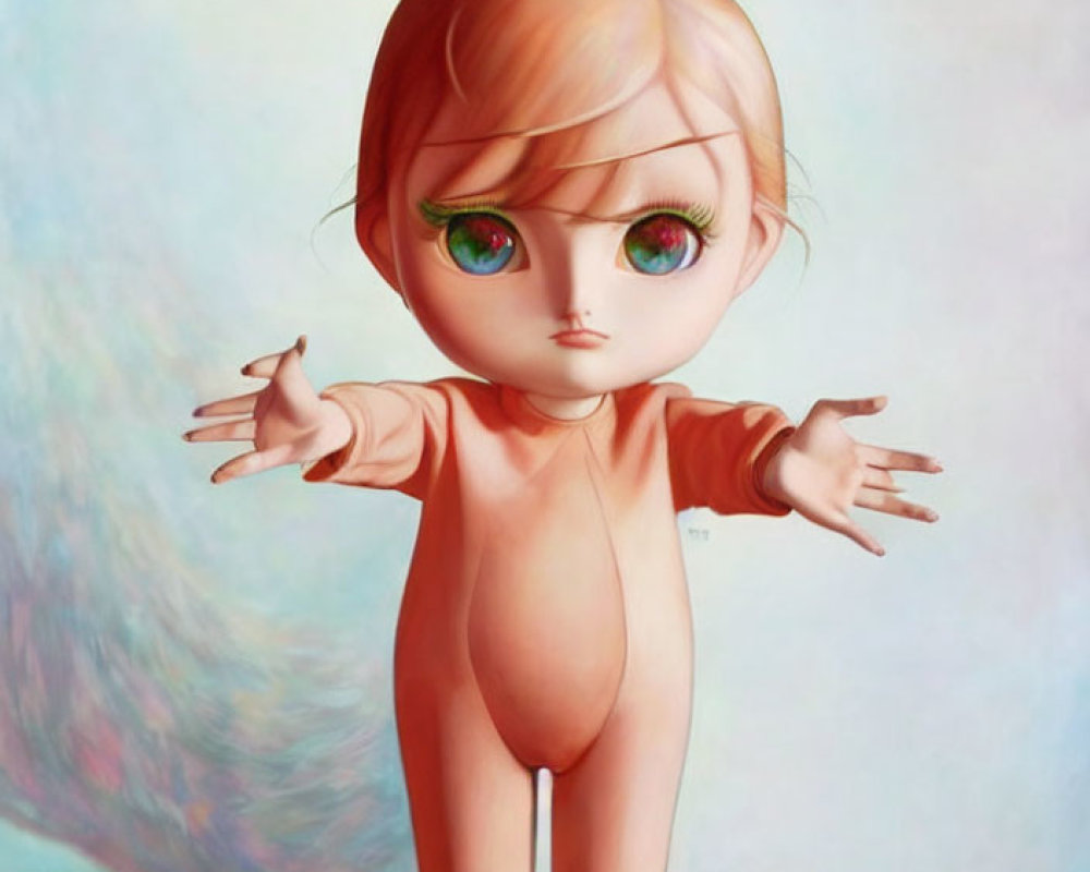 Stylized illustration of large-headed doll with green eyes and blonde hair