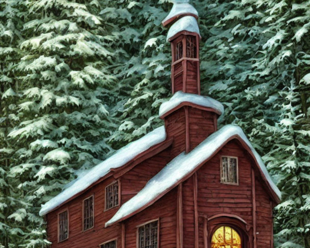 Snow-covered pine trees surround red wooden chapel in serene winter landscape