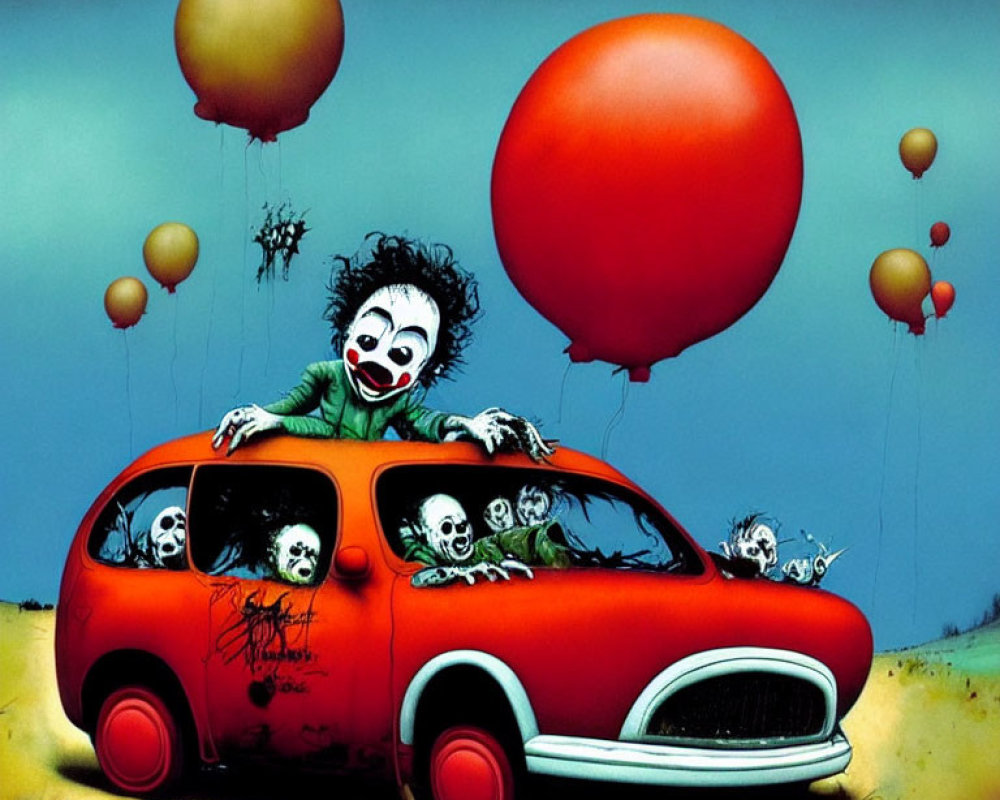 Creepy clown in red car surrounded by skulls and eerie balloons