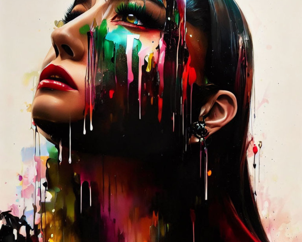 Vibrant painting of a woman's face with dripping paint effect