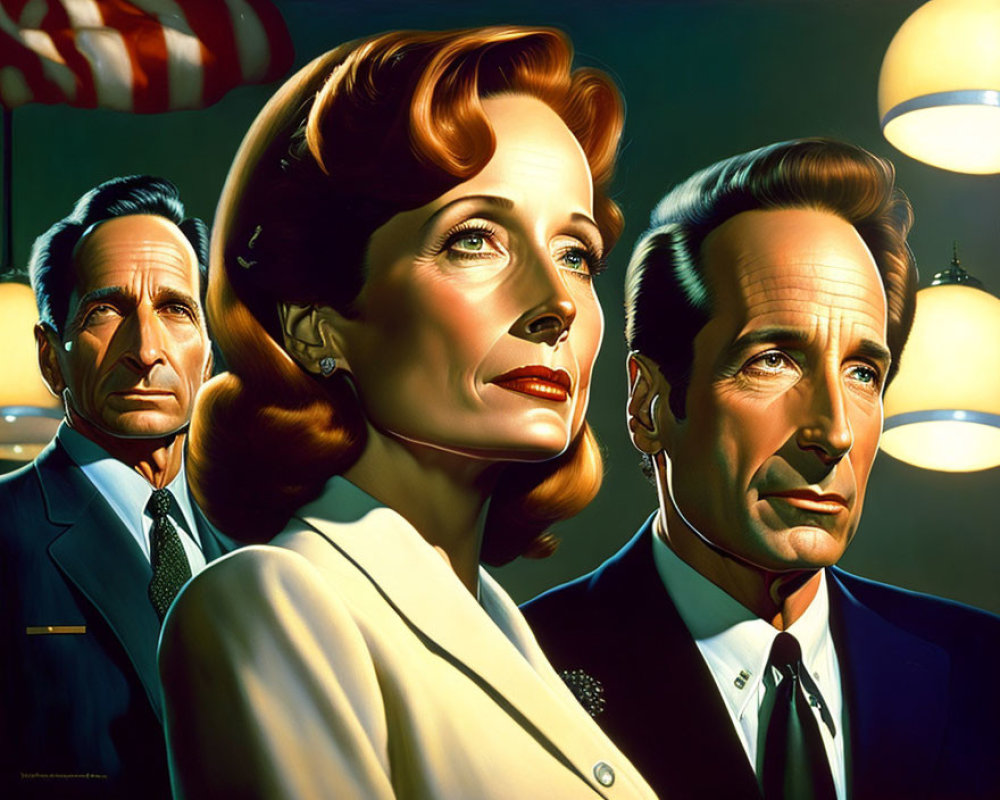 Vintage-style painting of three individuals in elegant attire with dramatic lighting and American flag.