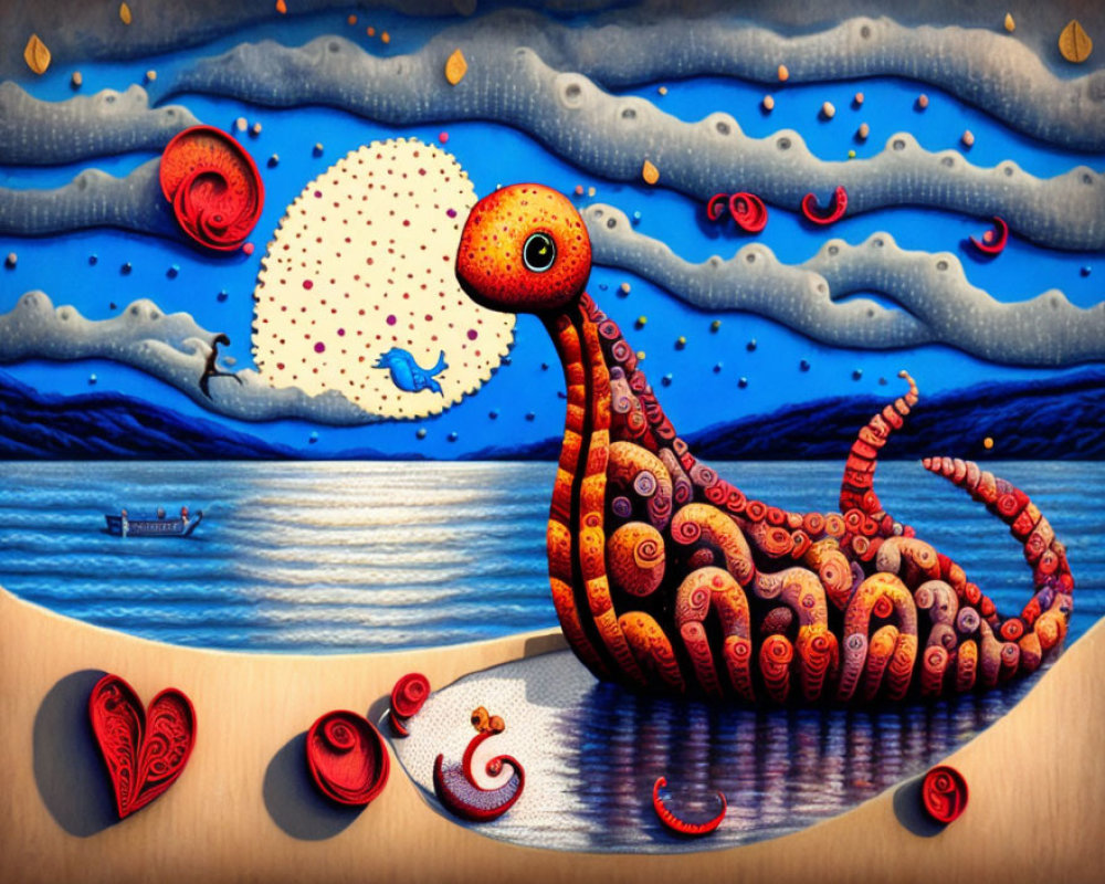 Colorful painting of orange creature by the sea with swirling objects and fish under patterned sky