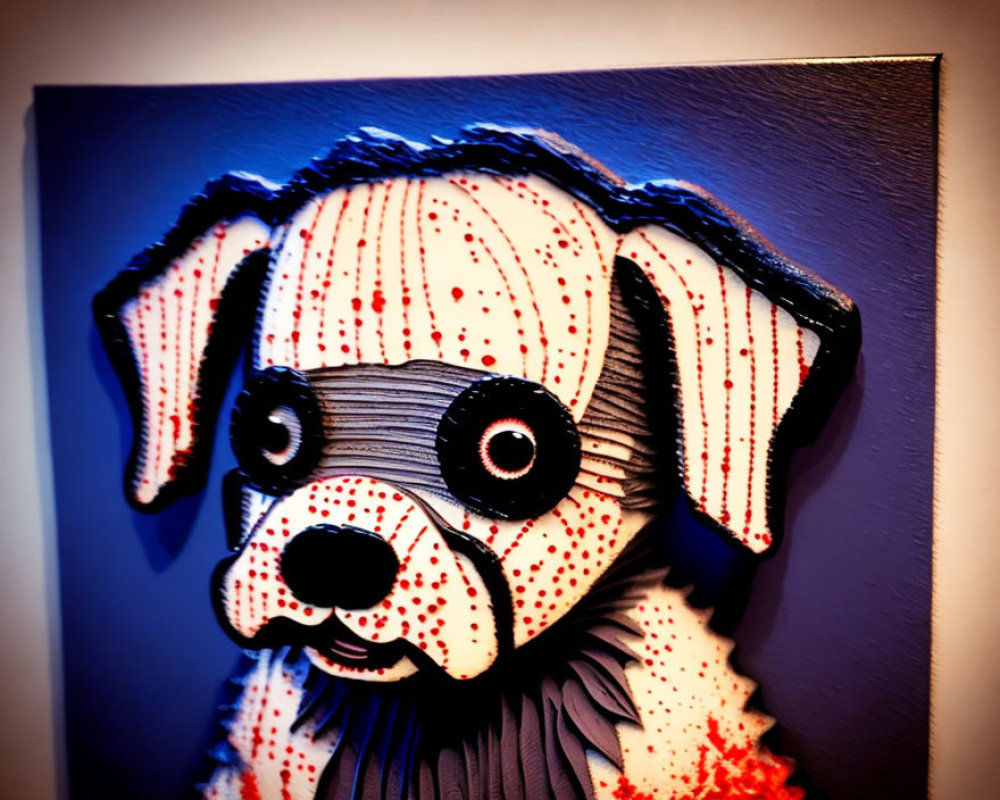 Whimsical, stylized painting of a sad puppy with large eyes