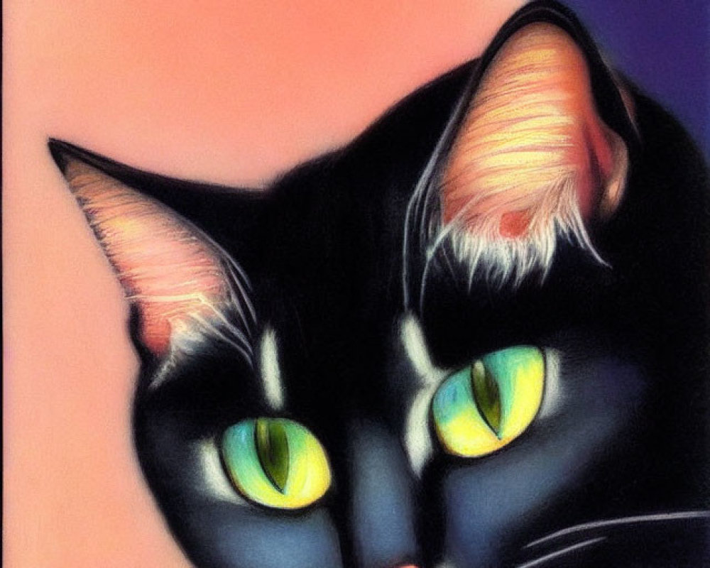 Colorful pastel artwork of black cat with green eyes and pink nose