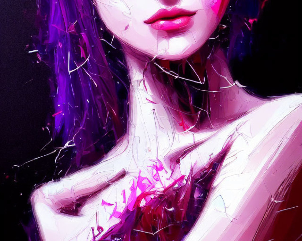 Vivid digital portrait of a woman with purple accents and dynamic brush strokes