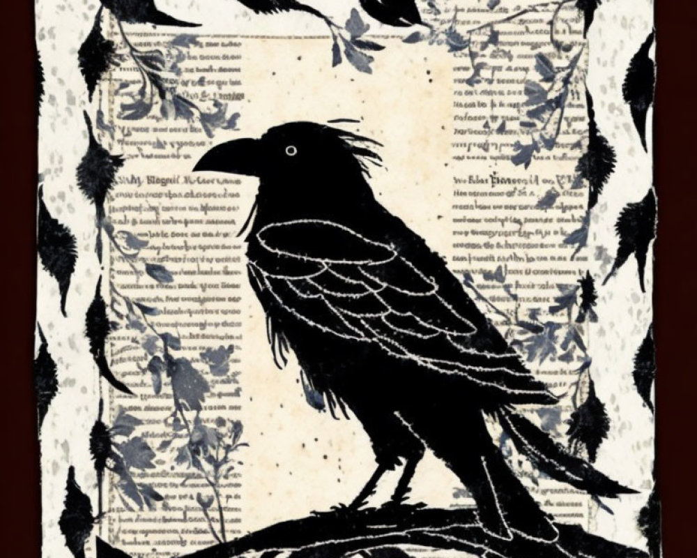 Crow silhouette on text background with bird shapes and feathers.