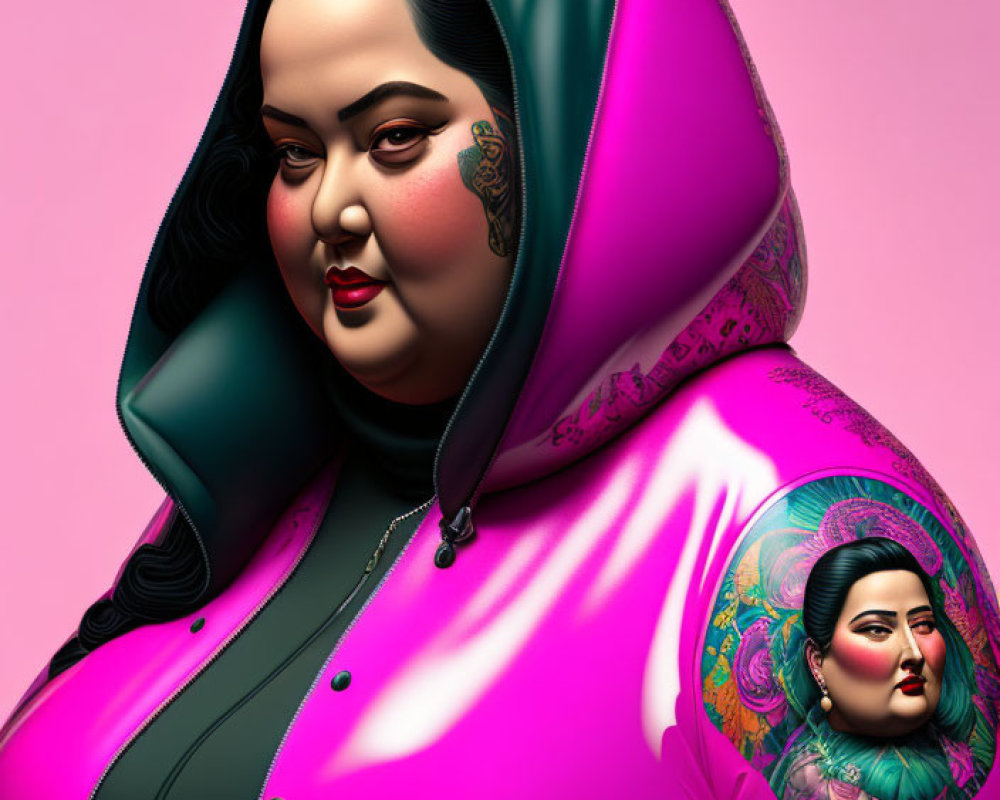 Colorful illustration of woman with stylized makeup, tattoo, and pink hoodie