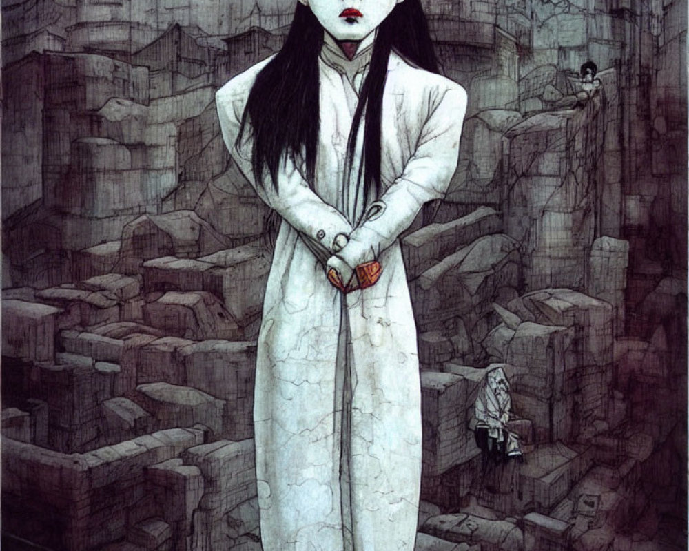 Pale Figure in Traditional East Asian Robe Amidst Ancient Structures